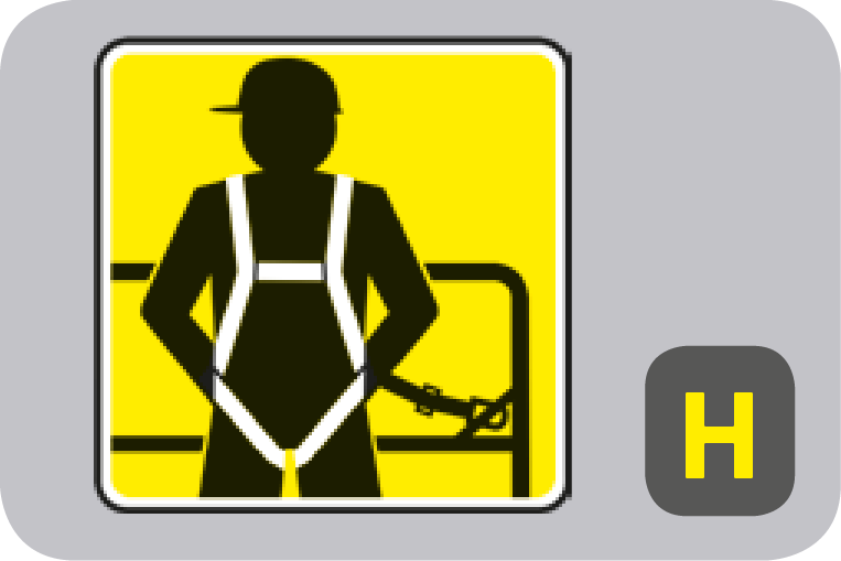 Outline of a man wearing a safety harness in front of a yellow background