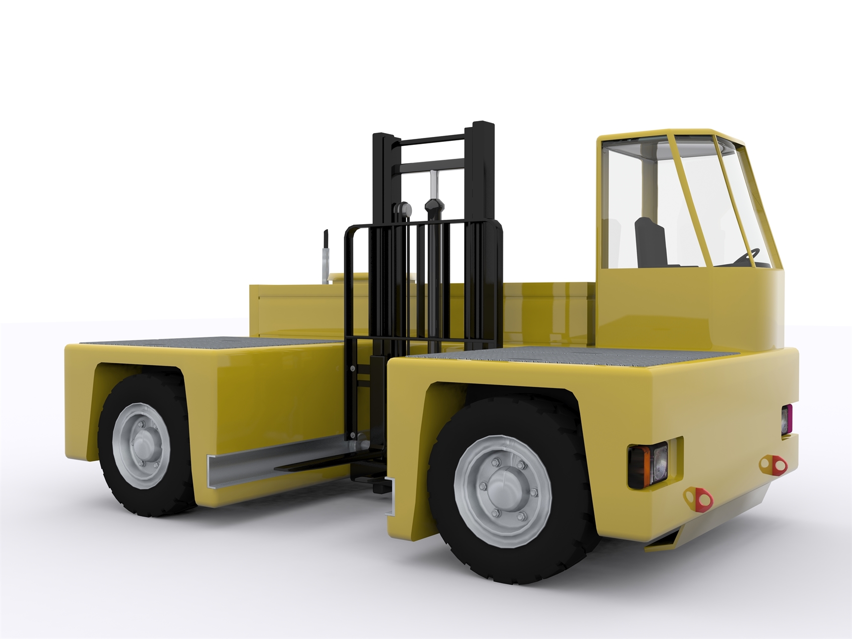 A yellow sideloader fork lift truck in front of a white background