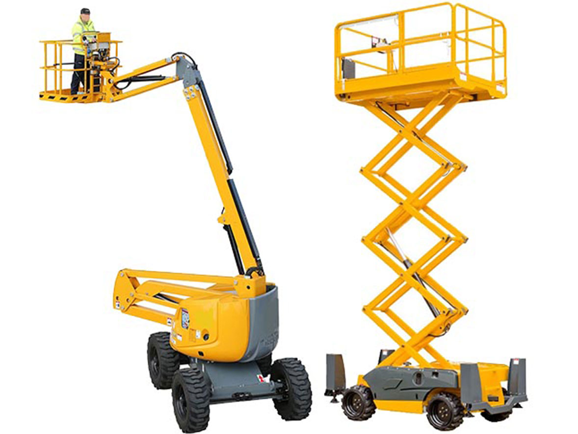 Two powered access machines used in construction work in front of a white background