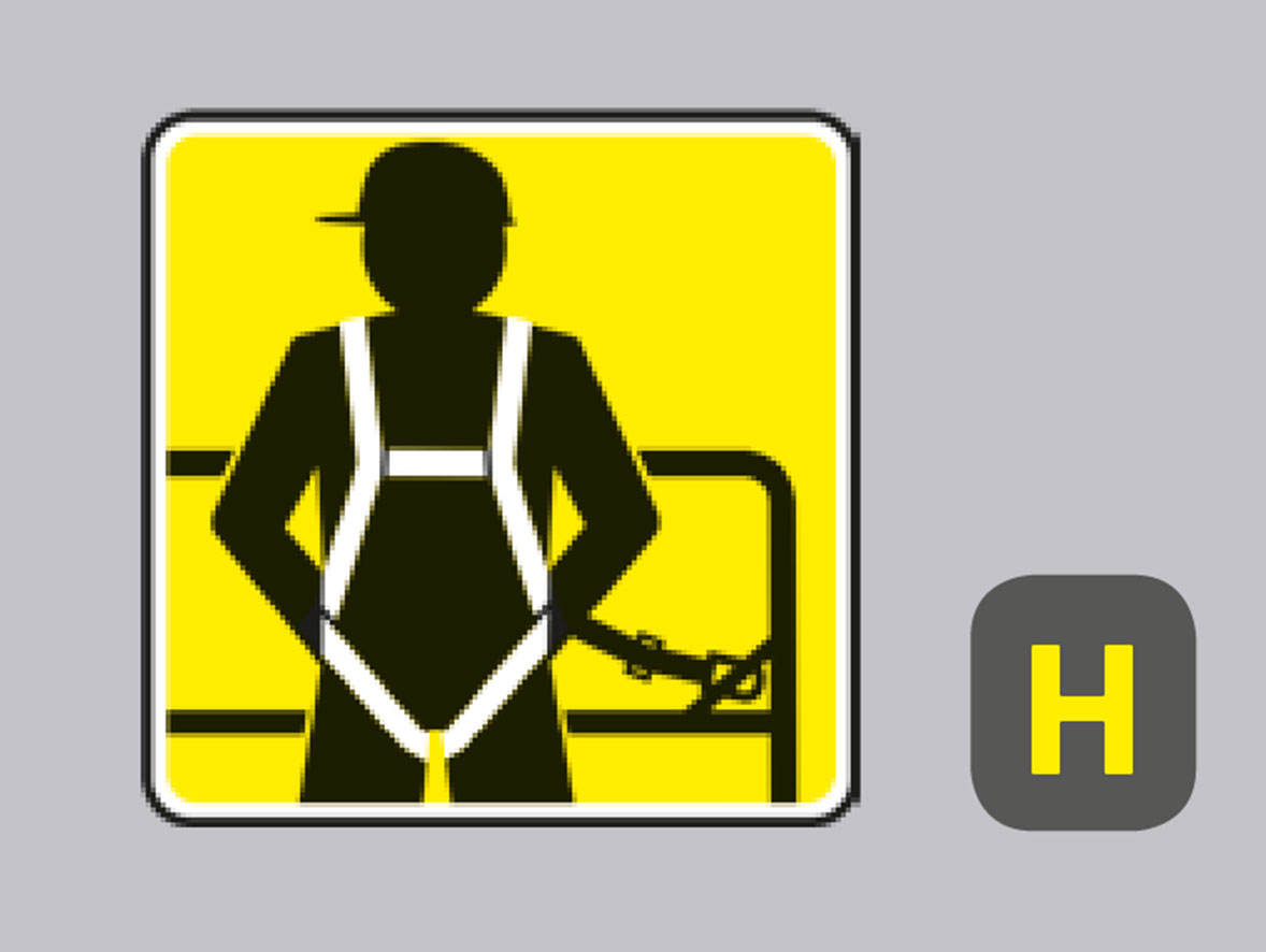 Outline of a man wearing a safety harness in front of a yellow background