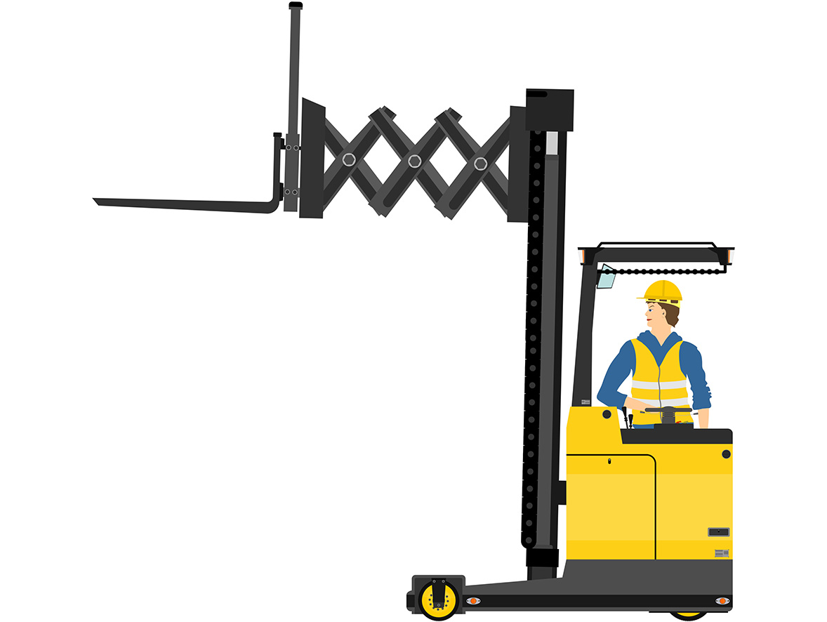 A yellow reach truck in front of a white background