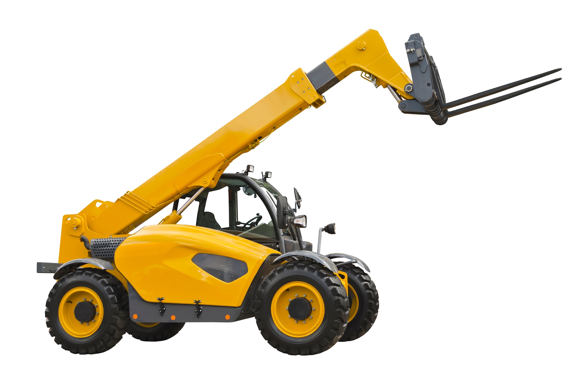 A yellow telehandler in front of a white background