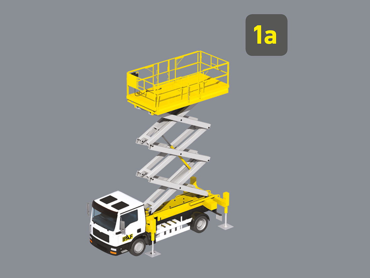 A scissor lift vehicle used in construction work, in front of a grey background