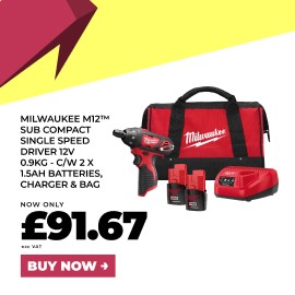 MILWAUKEE M12™ SUB COMPACT SINGLE SPEED DRIVER 12V 0.9KG - C/W 2 X 1.5AH BATTERIES, CHARGER & BAG