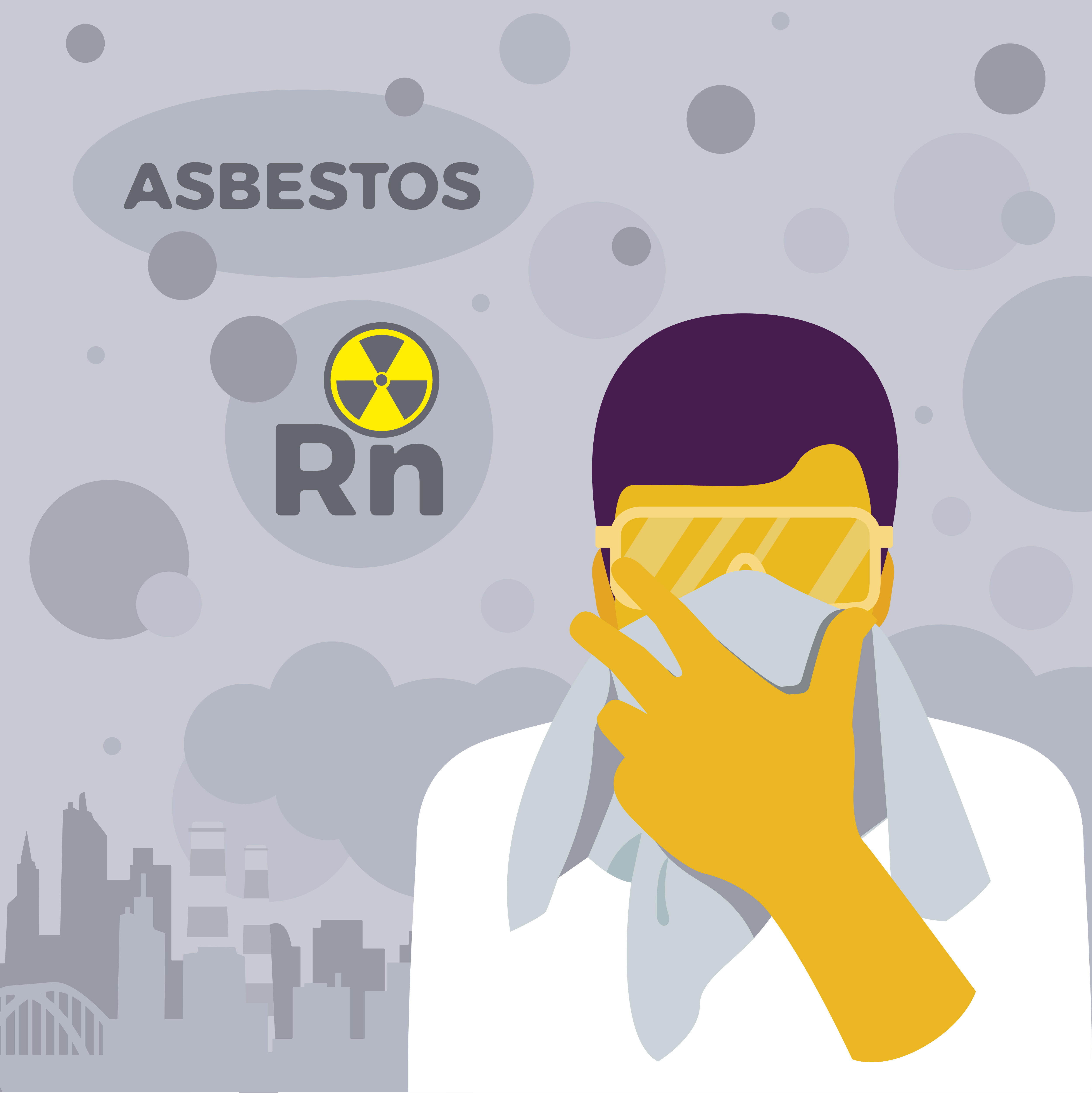 A worker covering their mouth with a rag due to the presence of asbestos (shown by the chemical symbol Rn)