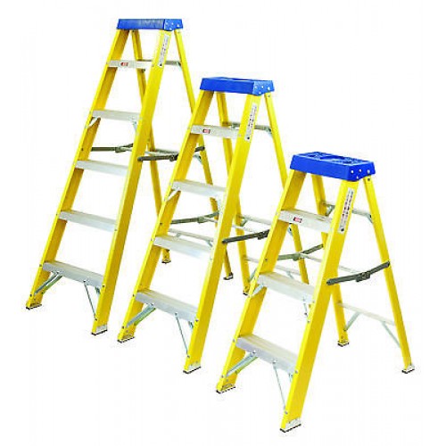 Three yellow and blue metal ladders of different sizes