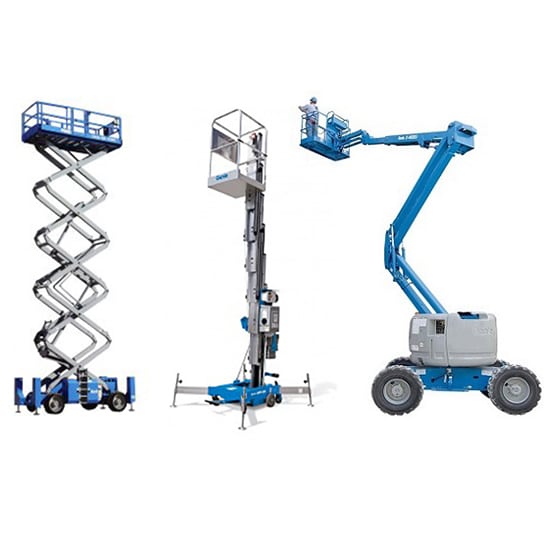 Three powered access machines used in construction work in front of a white background