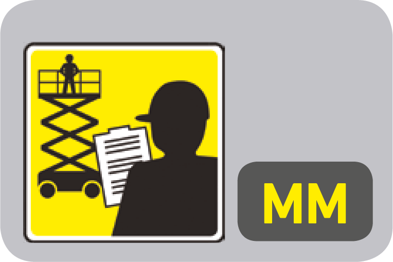 Outline of a man on a powered access scissor lift, with a manager overseeing it in the foreground